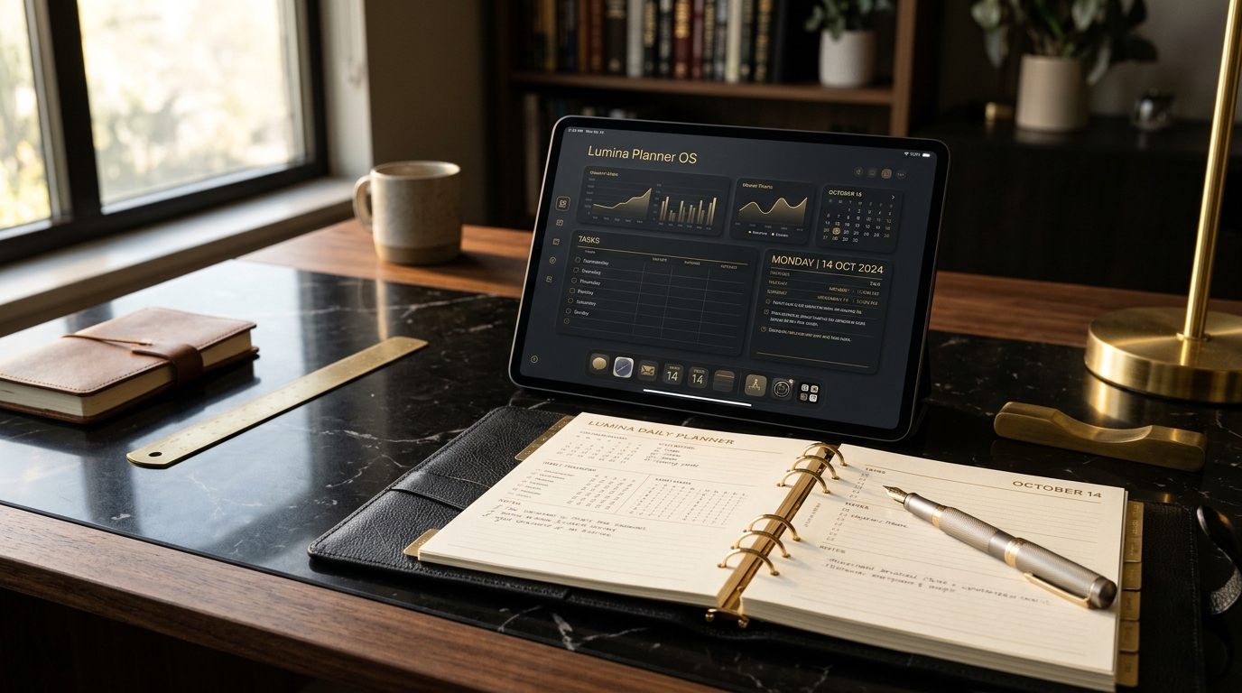 Lumina Planner OS — Visão Geral no iPad Pro e Fichário de Couro